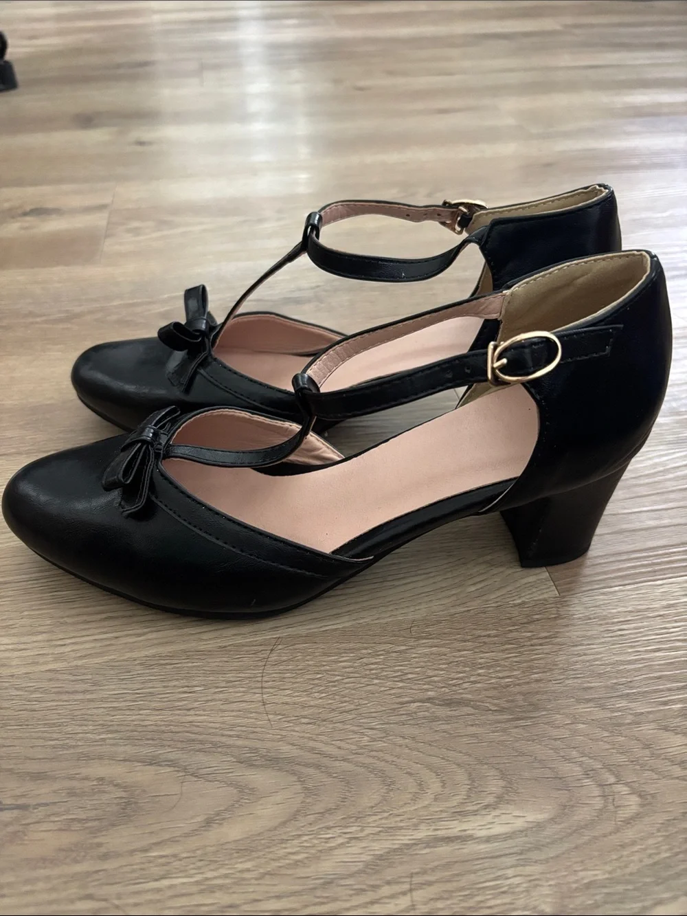 Black T-Strap Pointed-Toe Heels with Bow Accent